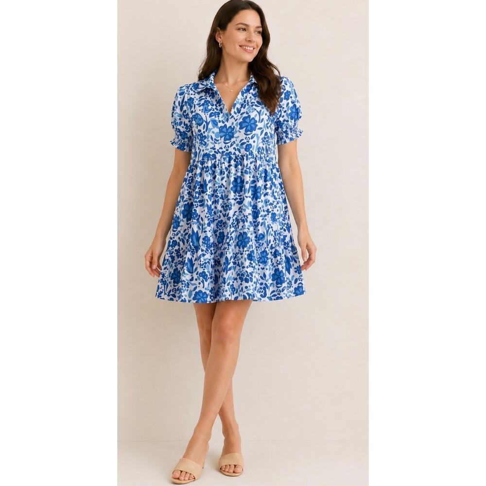 THML Blue White Floral Dress Anthropologie Short Sleeve Tiered Babydoll Sz XS